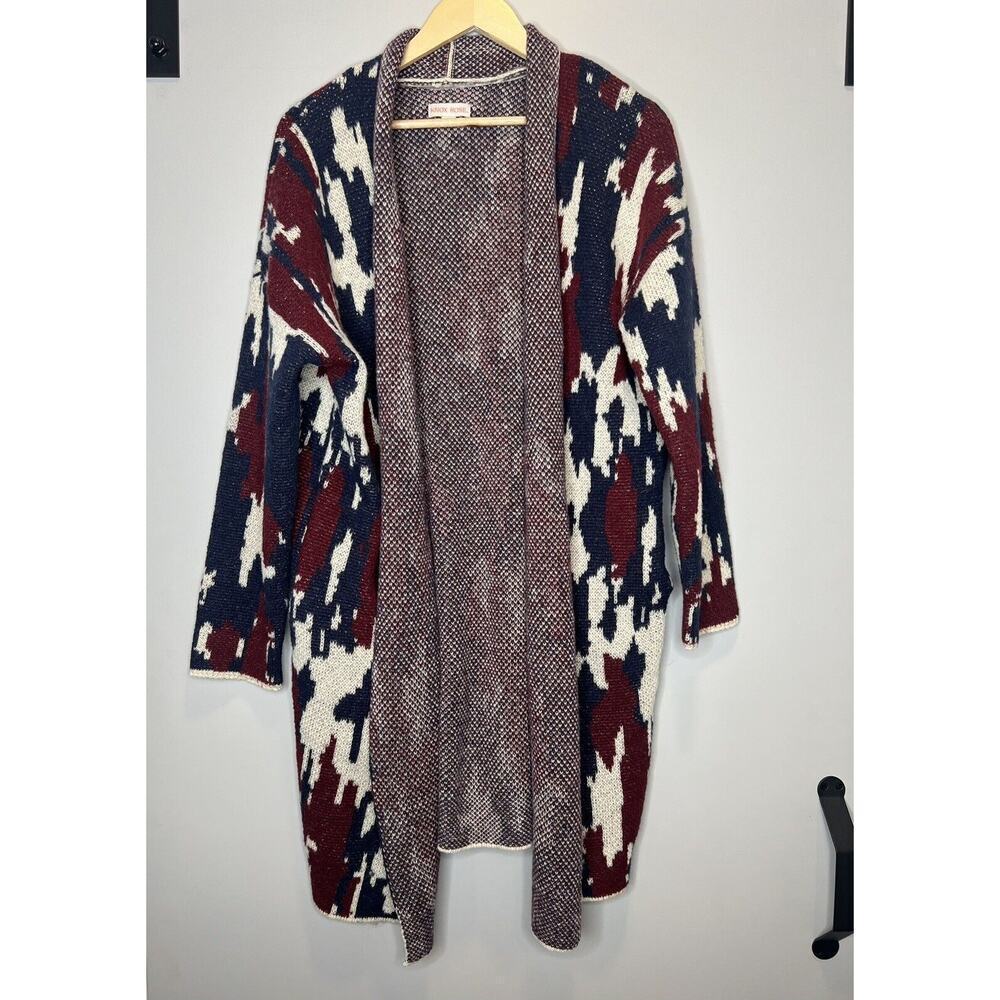 Knox Rose Open Front long Cardigan Sweater Aztec Western Knit Red Blue Sz Medium